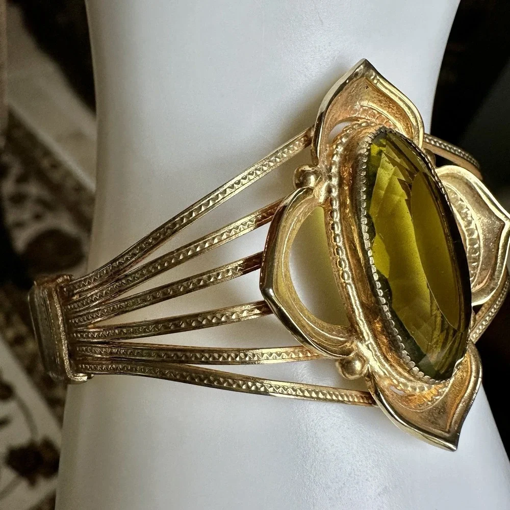 VTG Art Deco‎ Whiting Davis Bracelet 6 Inch Signed Green Glass Gold Plated Rare